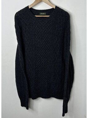 Eddie Bauer Men L Merino Wool Blend Charcoal Cable Knit Fisherman Sweater
